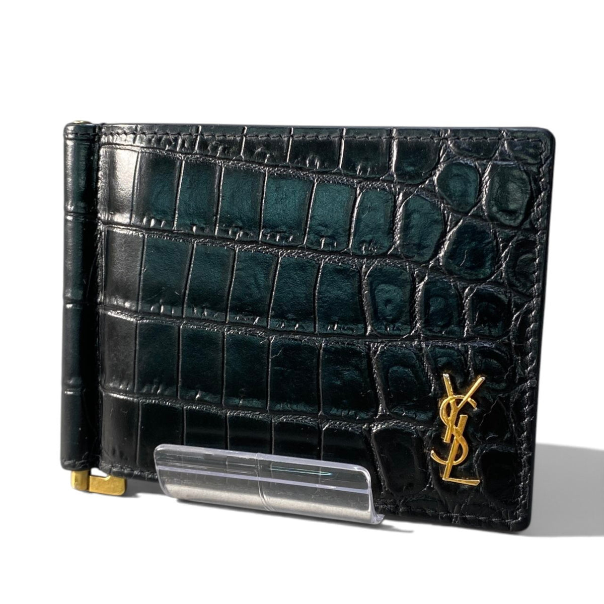 i14 SAINT LAURENT サンローラン YSL クロコ型押し マネークリップ カードケース YSL Logo Crocodile-Embossed Leather Money Clip Black 財布t18r