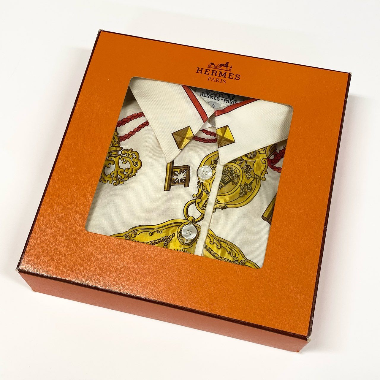 Ed7 HERMES エルメス シルク切替 長袖ポロシャツ サイズS ホワイト系 レディース POLO MANCHES LONGUESta1