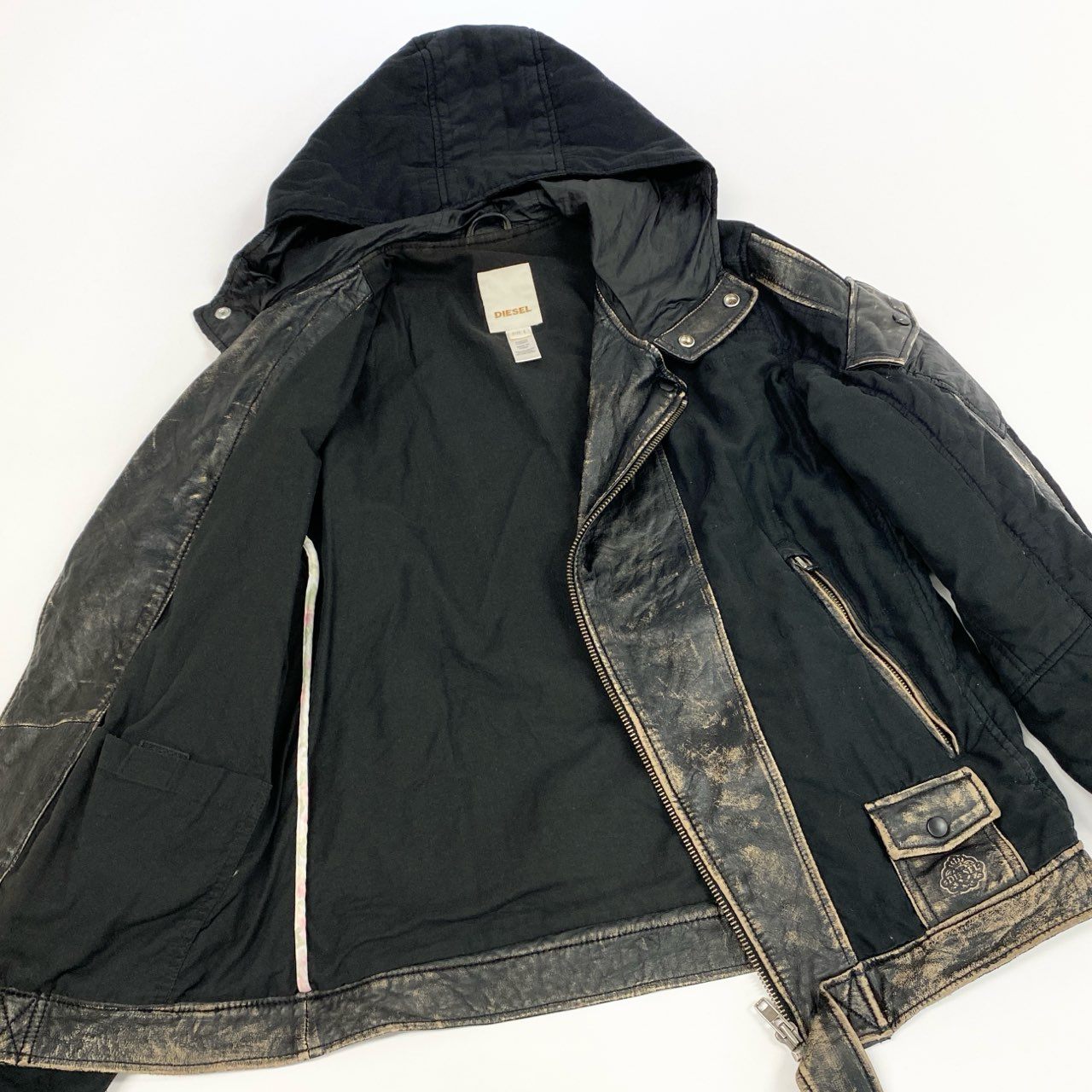 16k10 DIESEL ディーゼル ライダースジャケット  フーディー アウター ヴィンテージ加工 異素材切替 Lサイズ ブラック メンズu02t