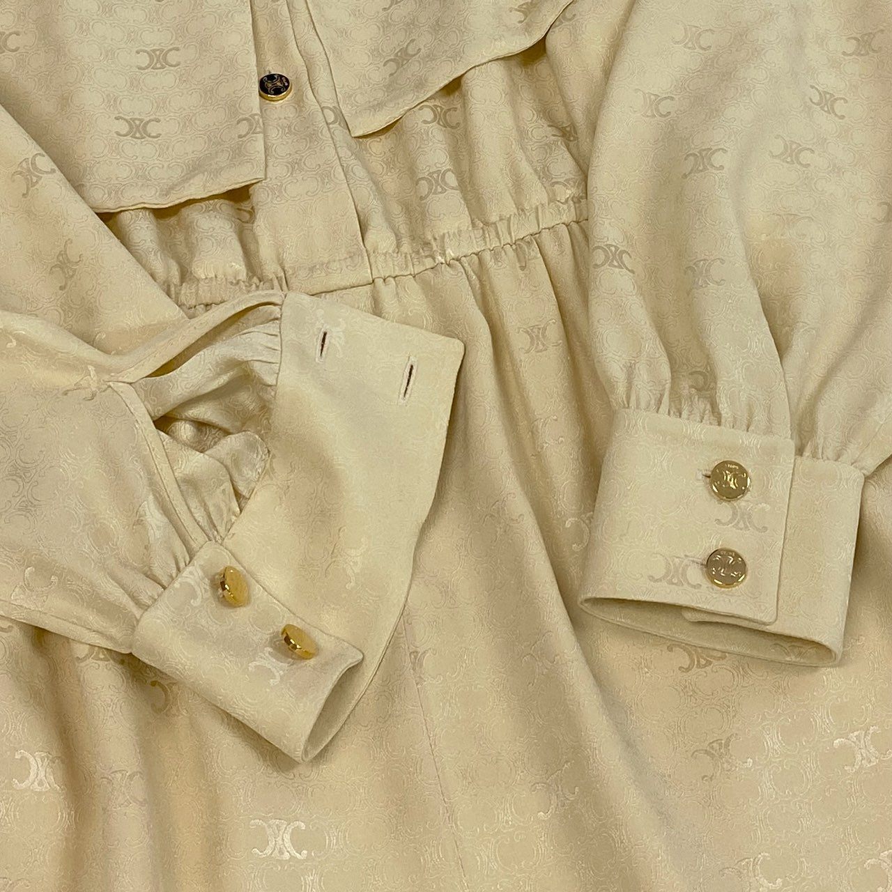 b23 CELINE セリーヌ ラヴァリエール トリオンフ柄 ボウタイ シルクワンピース ロングワンピース サイズ36 アイボリー レディース 女性用ta1