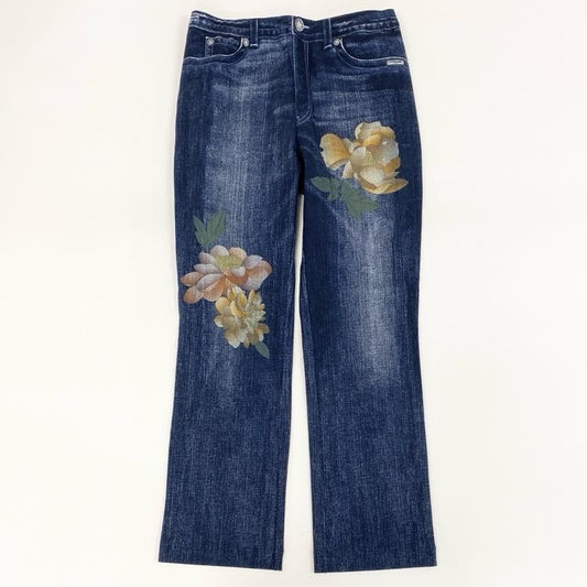 30g23 【美品】 LEONARD レオナール デニム柄 花柄プリント オールストレッチ イージーパンツ レディース 女性用 0563801 40 ネイビー
