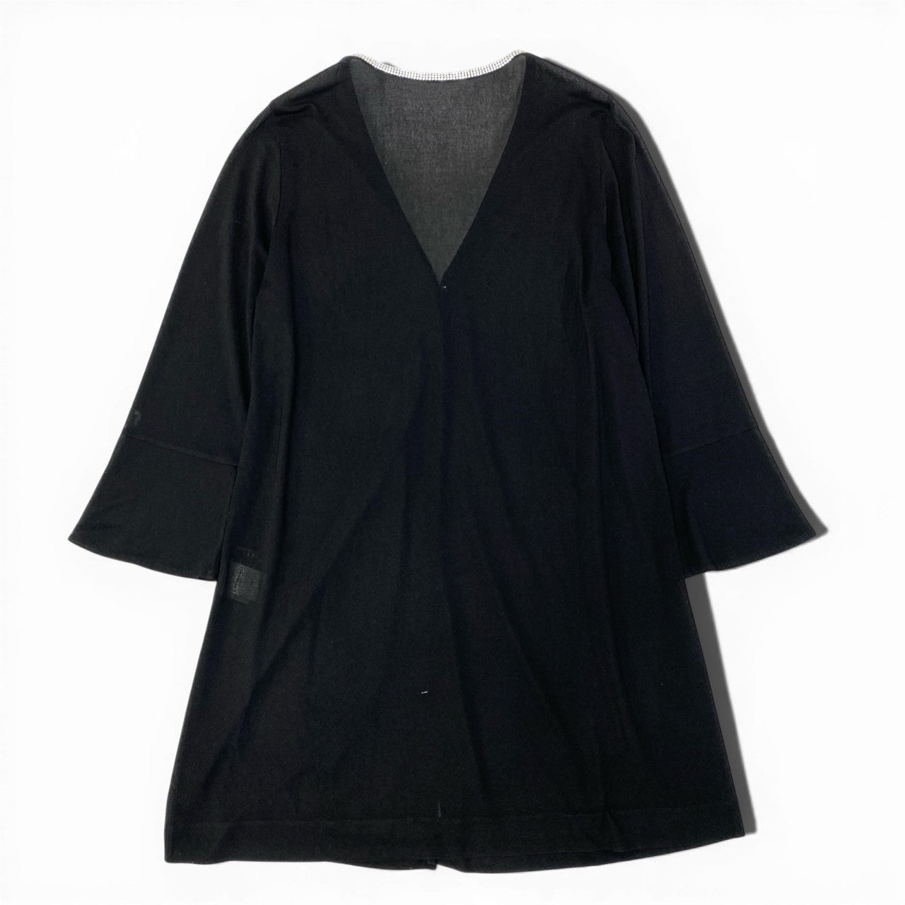 60c6《美品》 LEONARD レオナール カンカン素材 ラインストーン装飾 ロングカーディガン 羽織り トップス LL ブラック レディースu02t