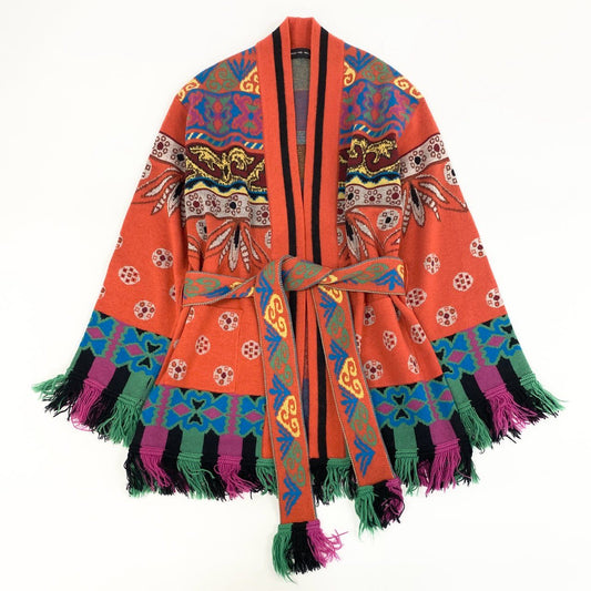 75f24 ETRO エトロ ベルテッドカーディガン ニットカーディガン フリンジ 総柄 サイズ40 マルチカラー レディース イタリア製