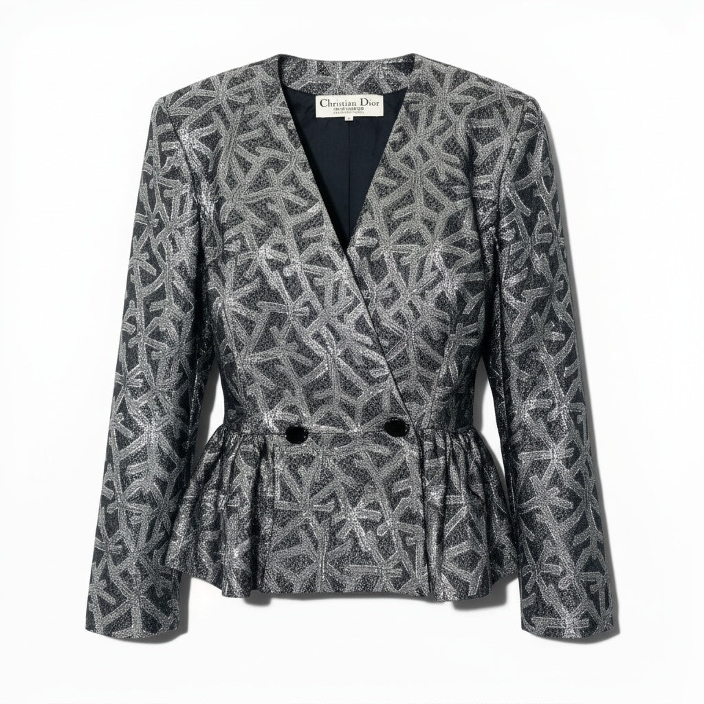 76a28 Christian Dior クリスチャンディオール Vintage ビンテージ ジャケット ペプラム 総柄 アウター 9サイズ シルバー レディース 女性用o07t