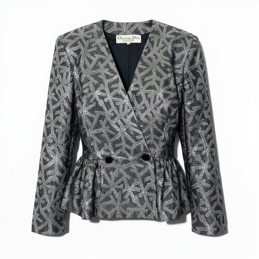 76a28 Christian Dior クリスチャンディオール Vintage ビンテージ ジャケット ペプラム 総柄 アウター 9サイズ シルバー レディース 女性用o07t