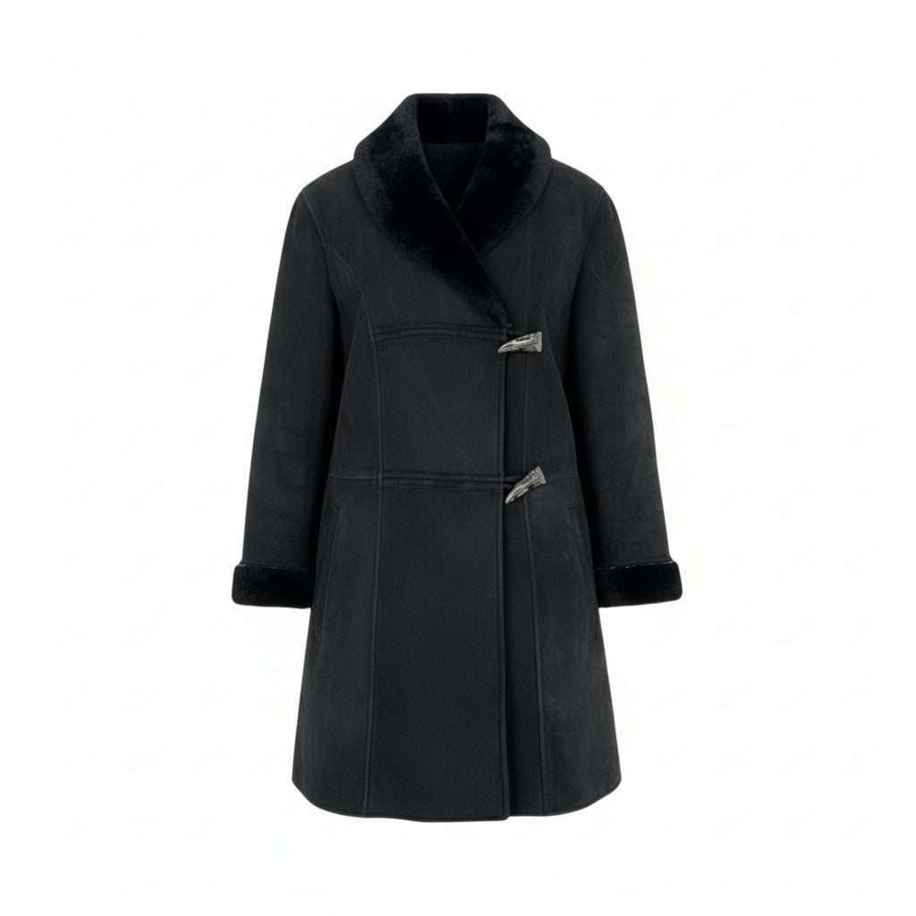 60L16 BALLY バリー ムートンコート レザーコート ダブル トグルボタン 42 ブラック リアルムートン レディース イタリア製u02t