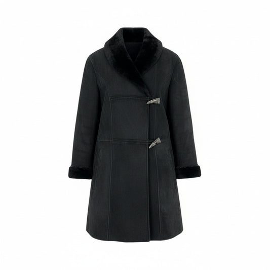 60L16 BALLY バリー ムートンコート レザーコート ダブル トグルボタン 42 ブラック リアルムートン レディース イタリア製u02t