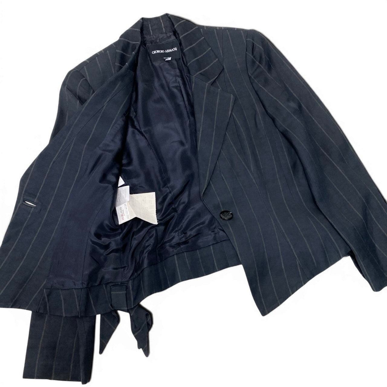 89g20 GIORGIO ARMANI ジョルジオアルマーニ テーラードジャケット アシンメトリーヘム ストライプ柄 サイズ40 ネイビー レディースu02t