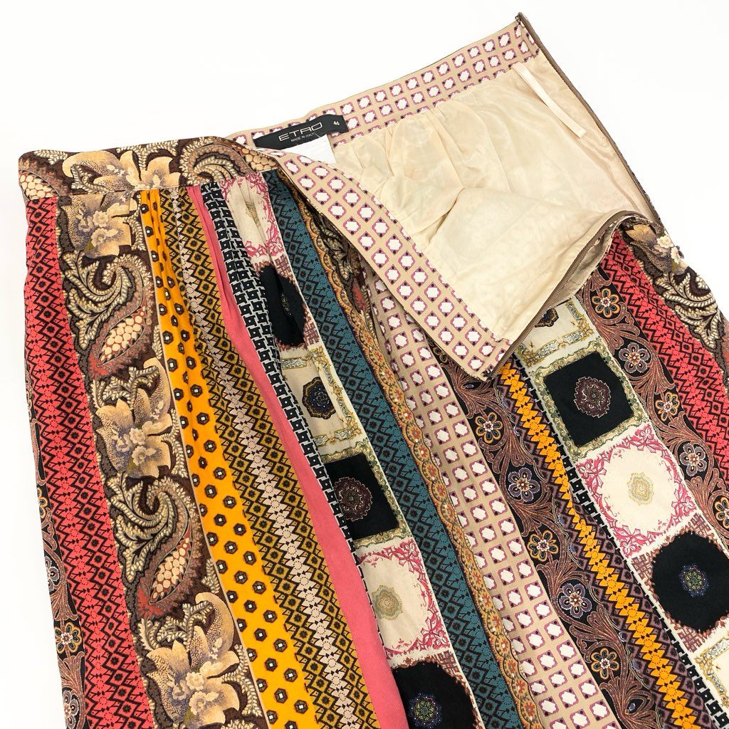 5a9 ETRO エトロ イタリア製 フレアスカート ミモレ丈 総柄プリント シルクブレンド 伸縮ストレッチ○ レディース 女性用 46 マルチカラーu02t