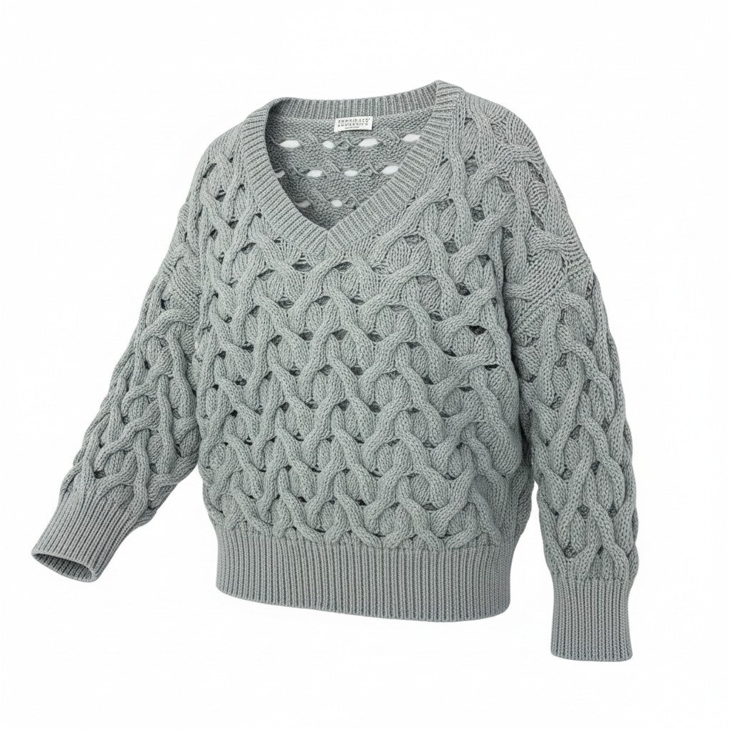62d3 BRUNELLO CUCINELLI ブルネロクチネリ イタリア製 ケーブル編み コットンニット Vネック セーター トップス グレー レディースo07t