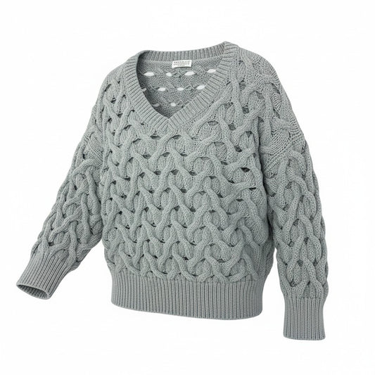 62d3 BRUNELLO CUCINELLI ブルネロクチネリ イタリア製 ケーブル編み コットンニット Vネック セーター トップス グレー レディースo07t