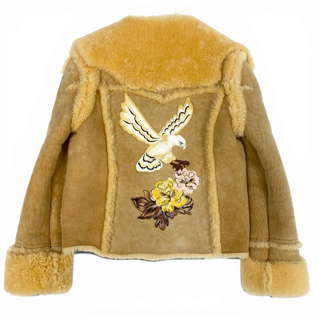 53a19 COACH コーチ Eagle Raggedy Shearling Jacket ムートンジャケット 鷹 花柄刺繍 イタリア製 レディース 女性用 サイズ2 ベージュ 本革 羊革u02t