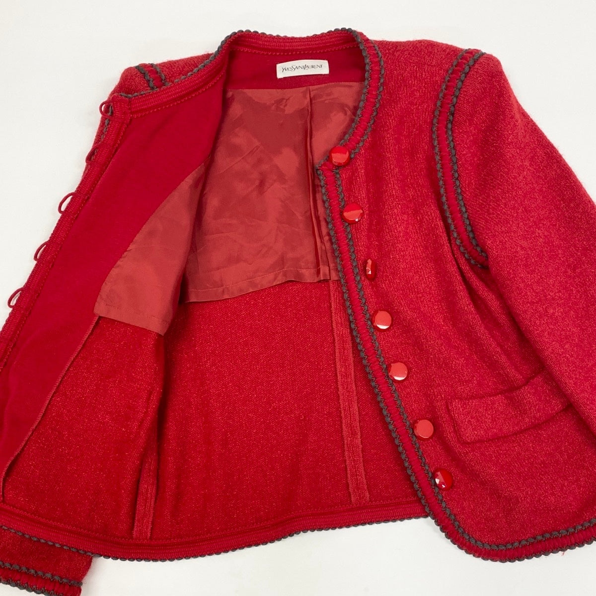 78f2 YVES SAINT LAURENT イヴサンローラン ノーカラー ニットジャケット ニットカーディガン ウールブレンド サイズM レッド レディース 女性服o07t