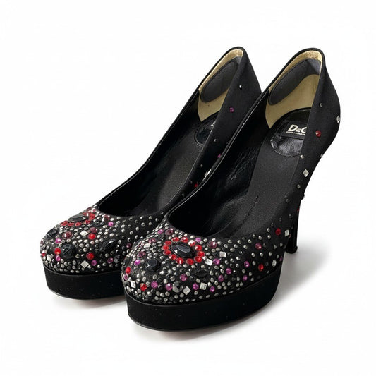 e8 D&G DOLCE&GABBANA ドルチェ＆ガッバーナ ラインストーン パンプス サイズ37 1/2 ブラック サテン レディース シューズk02i