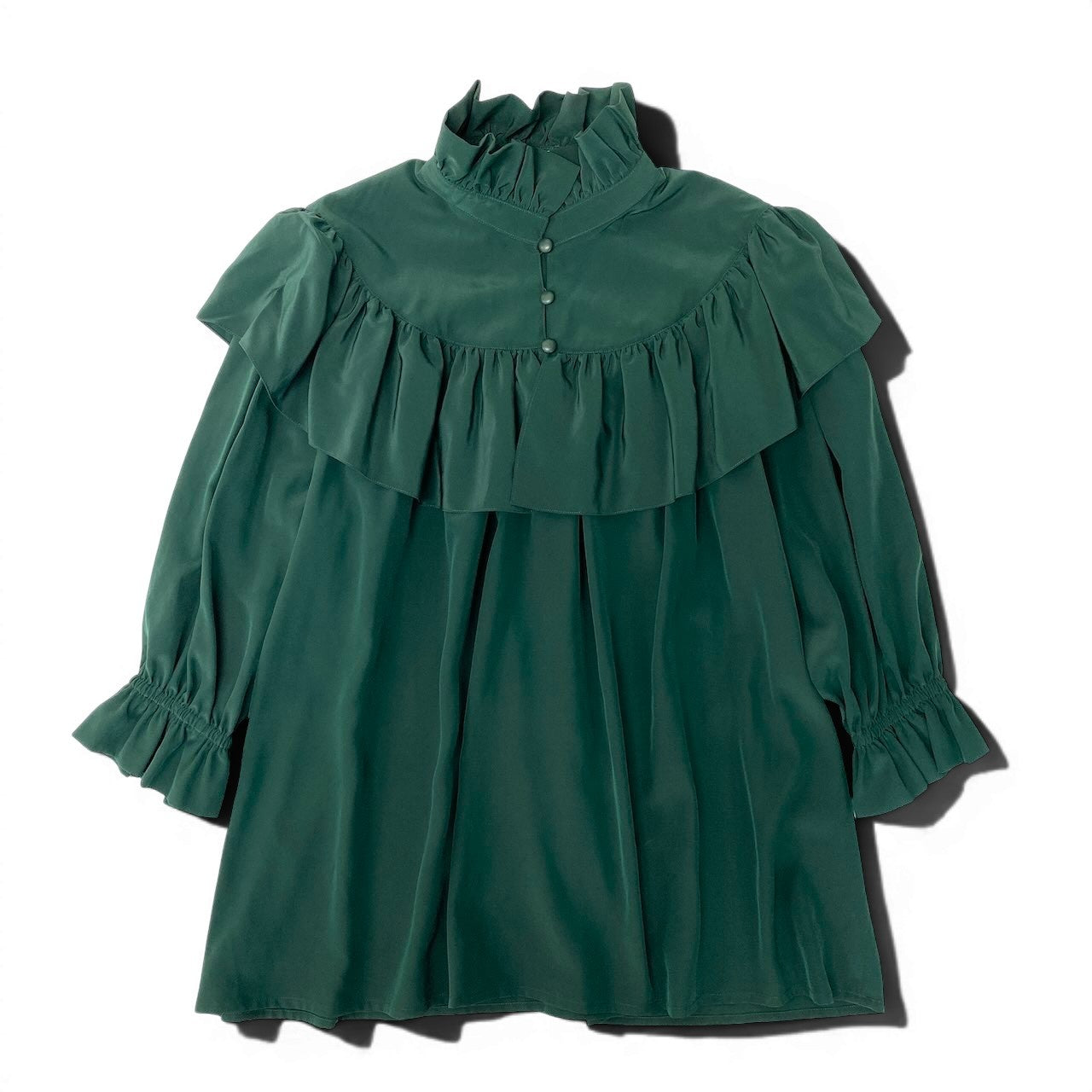 48ⅾ15 YVES SAINT LAURENT イヴサンローラン フリルブラウス 7分袖 トップス 7 グリーン ポリエステル レディースu02t