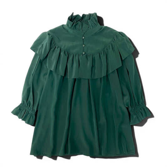 48ⅾ15 YVES SAINT LAURENT イヴサンローラン フリルブラウス 7分袖 トップス 7 グリーン ポリエステル レディースu02t