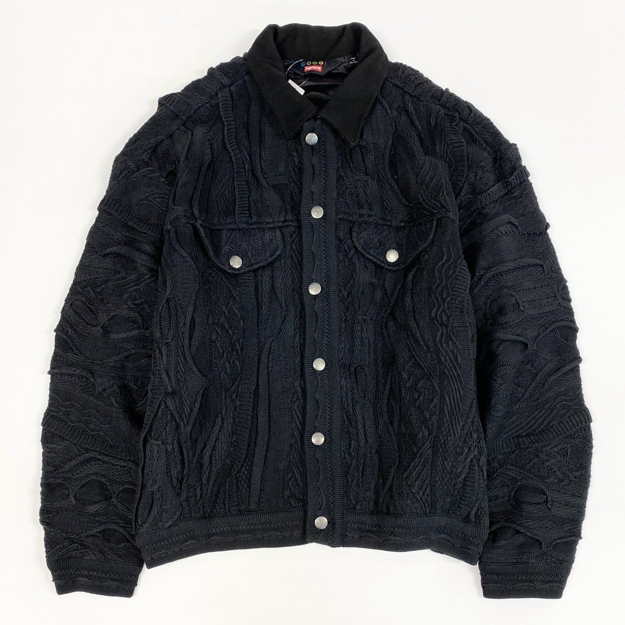 56j20 《美品》 Supreme シュプリーム × Coogi クージー 3D Knit Trucker Jacket ニットトラッカージャケット L ブラック 半タグ付き コラボアイテム ダブルネームt18r