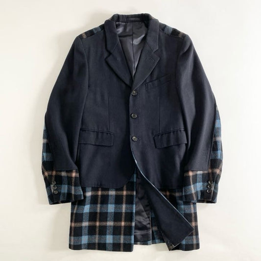 5i4 COMME des GARCONS HOMME PLUS コムデギャルソン オムプリュス AD2000 レイヤード風 チェック切替 テーラードジャケット コート S ブラック 日本製