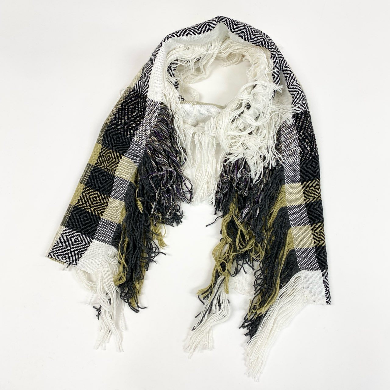 a5-1 《未使用保管品》定価￥42,900 SEEALL シーオール HANDLOOM STOLE FRINGES フリンジストール ST882 ホワイト グリーン マフラー タグ付き