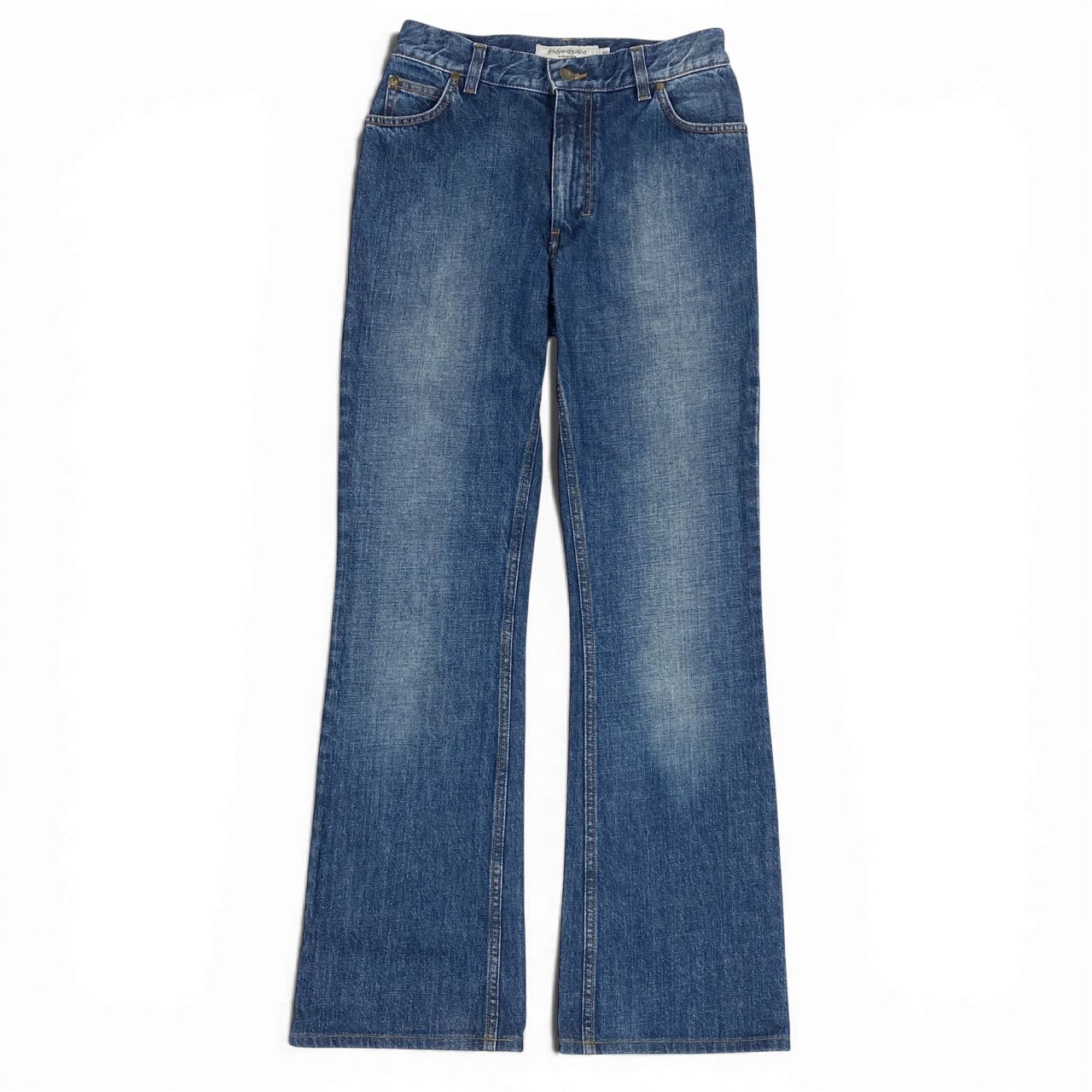 56a14 Yves Saint Laurent ヴィンテージ イヴサンローラン YSLロゴ バックポケット フレアデニム デニムパンツ サイズ44 インディゴ コットン100 レディース 女性用 ボトムk02i