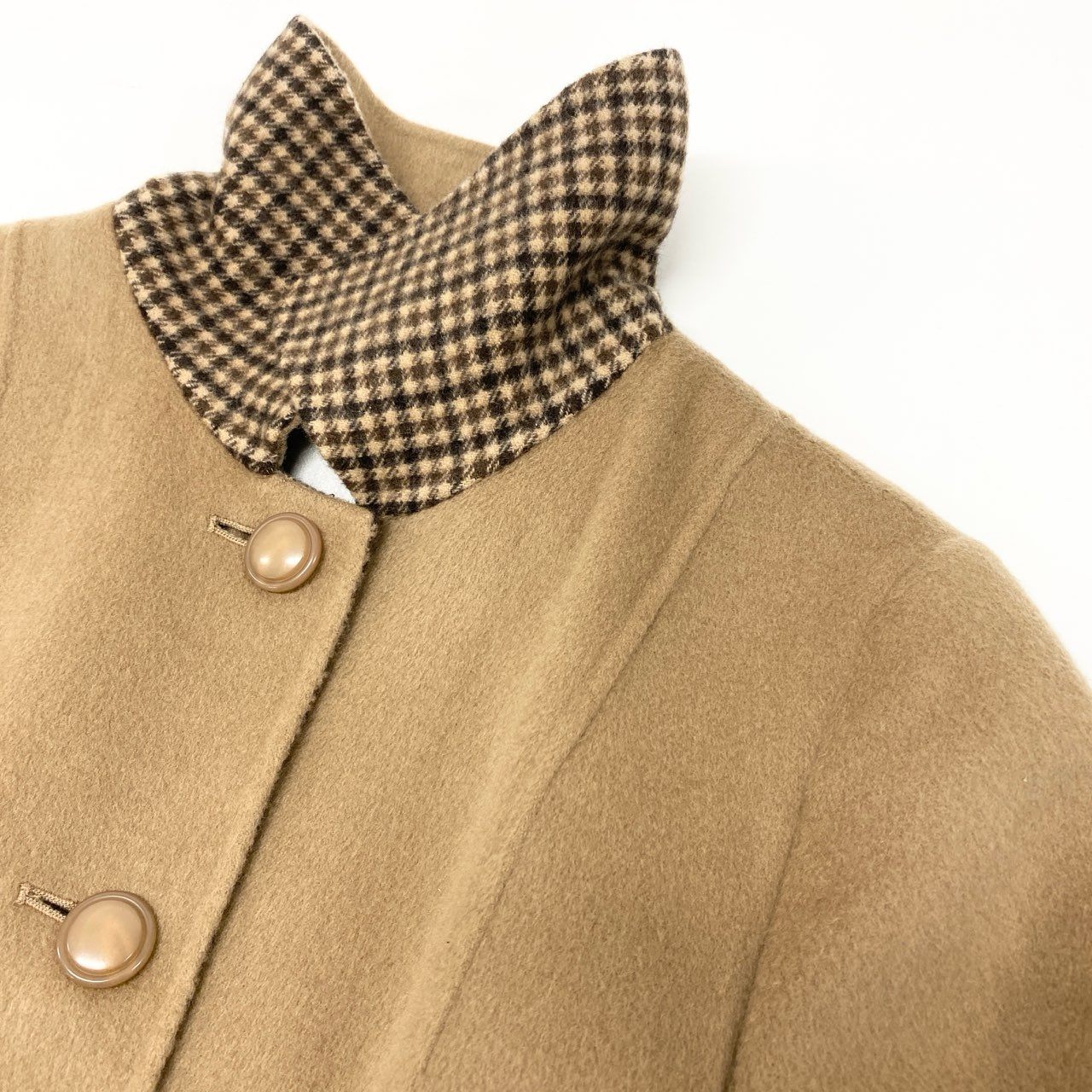 79k21 近年 Leilian レリアン ステンカラーコート カシミヤコート 切替チェック柄 レディース 女性用 9 ベージュ カシミア100％u02t