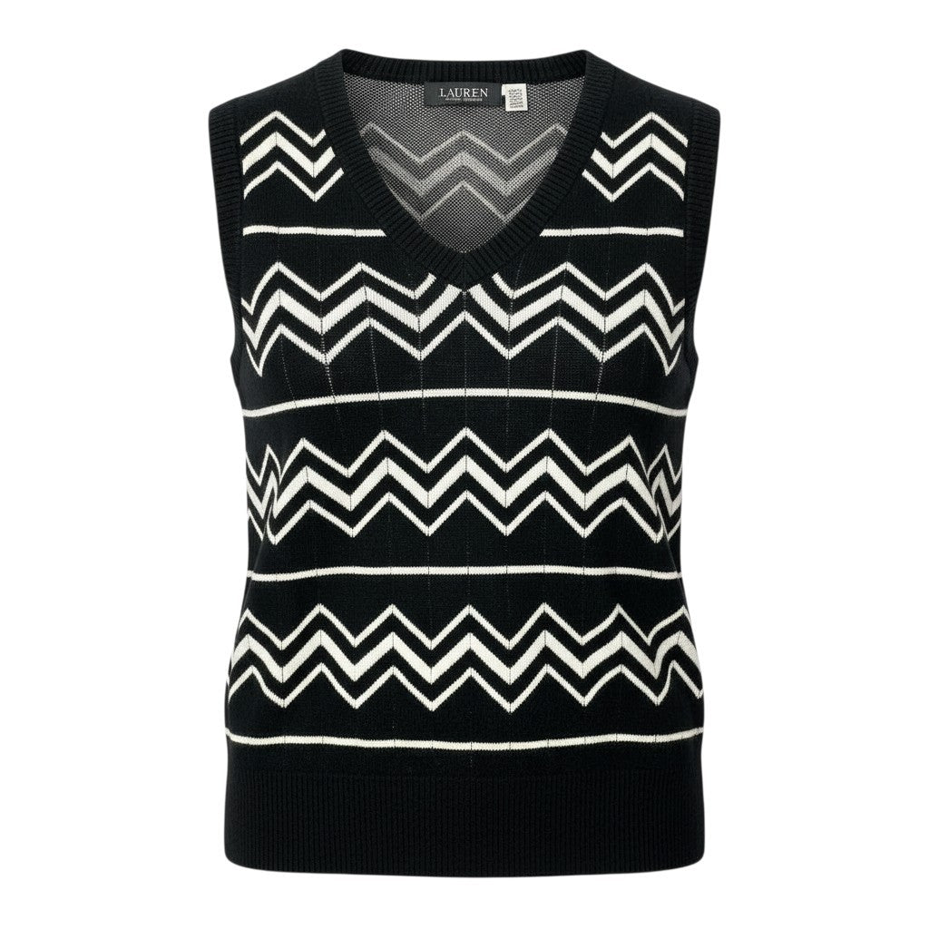 1a8 【未使用保管品】 LAUREN RALPH LAUREN ローレンラルフローレン ニットベスト ノースリーブニット Vネック シェブロン柄 モノトーン レディース M ブラック ホワイトu02t
