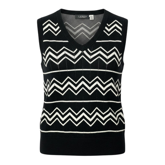 1a8 【未使用保管品】 LAUREN RALPH LAUREN ローレンラルフローレン ニットベスト ノースリーブニット Vネック シェブロン柄 モノトーン レディース M ブラック ホワイトu02t