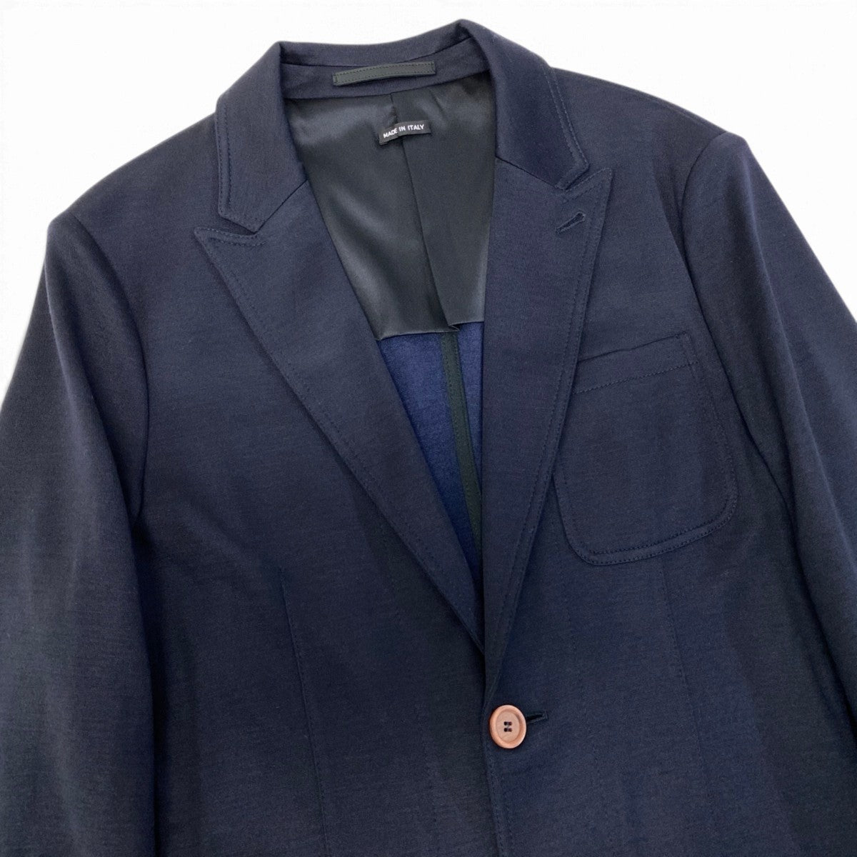 69j8 GIORGIO ARMANI ジョルジオアルマーニ レザータグ 本切羽 ストレッチテーラードジャケット サイズ50 ネイビー ブレザーt18r