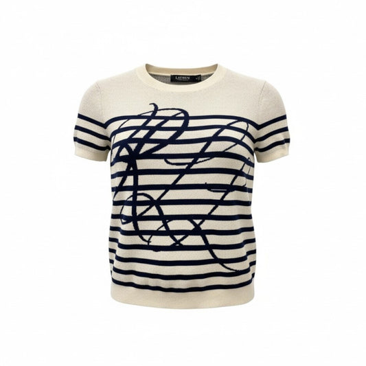 5c6 LAUREN RALPH LAUREN ローレンラルフローレン 半袖ニット サマーセーター 近年 M ホワイト ネイビー コットン レディースu02t