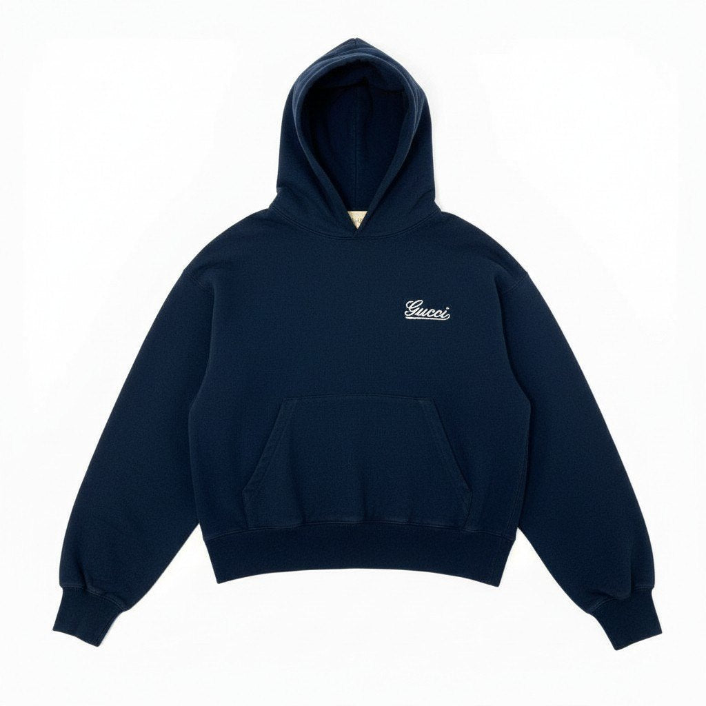 29a9 GUCCI グッチ コットンジャージー フーデット スウェットパーカー 長袖 胸元ロゴ刺繍 レディース 女性用 XS ネイビー コットン100％o07t