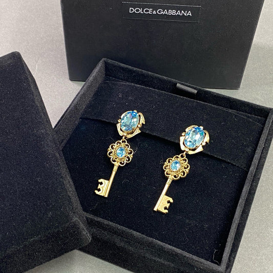 l6 DOLCE&GABBANA ドルチェアンドガッバーナ クリスタル ビジュー キー イヤリング ゴールド ブルー アクセサリー ピアス 箱付き D&G ドルガバ