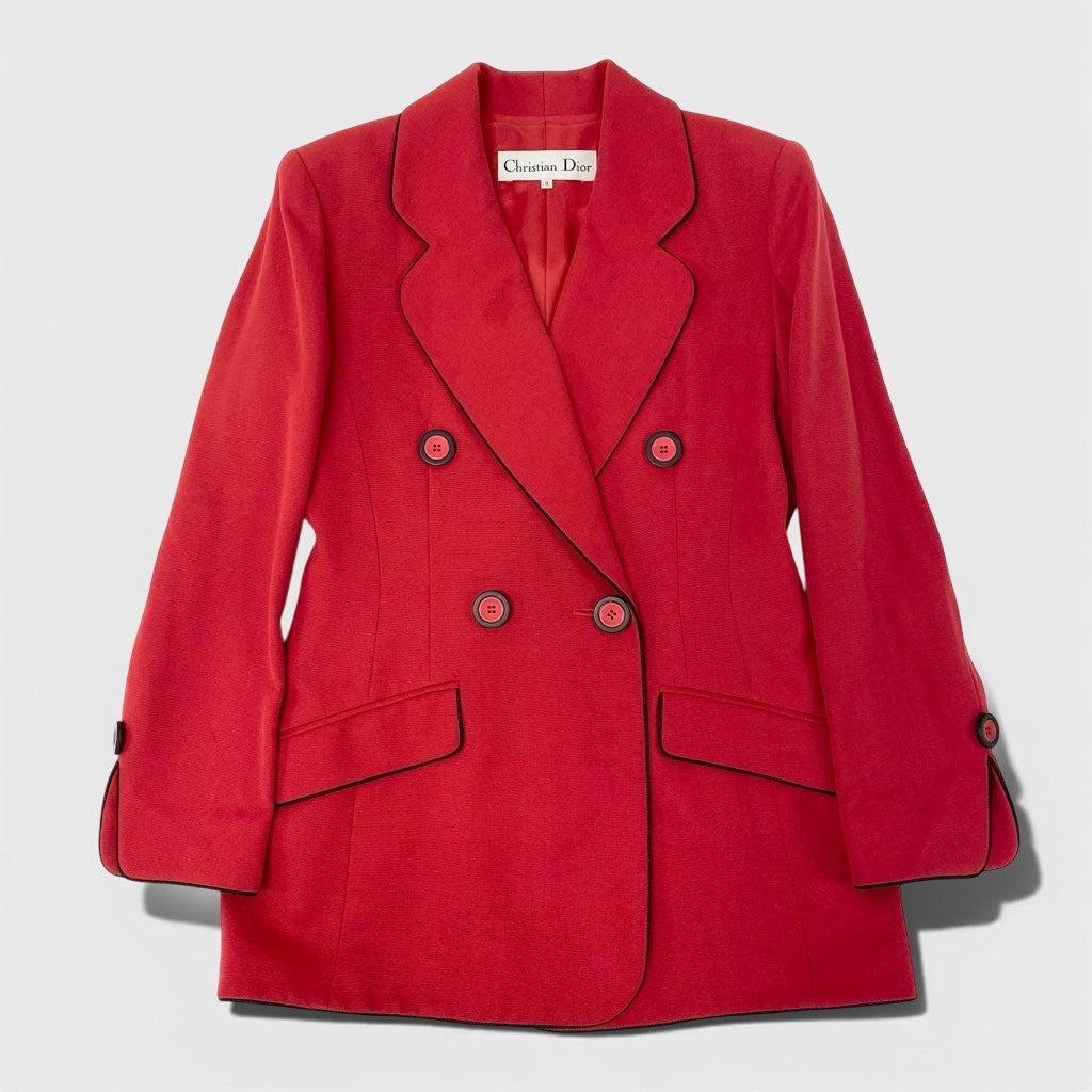 42a27 Christian Dior クリスチャンディオール Vintage テーラードジャケット ブレザー ダブルブレスト パイピング 9サイズ レッド ブラック レディース 女性用o07t