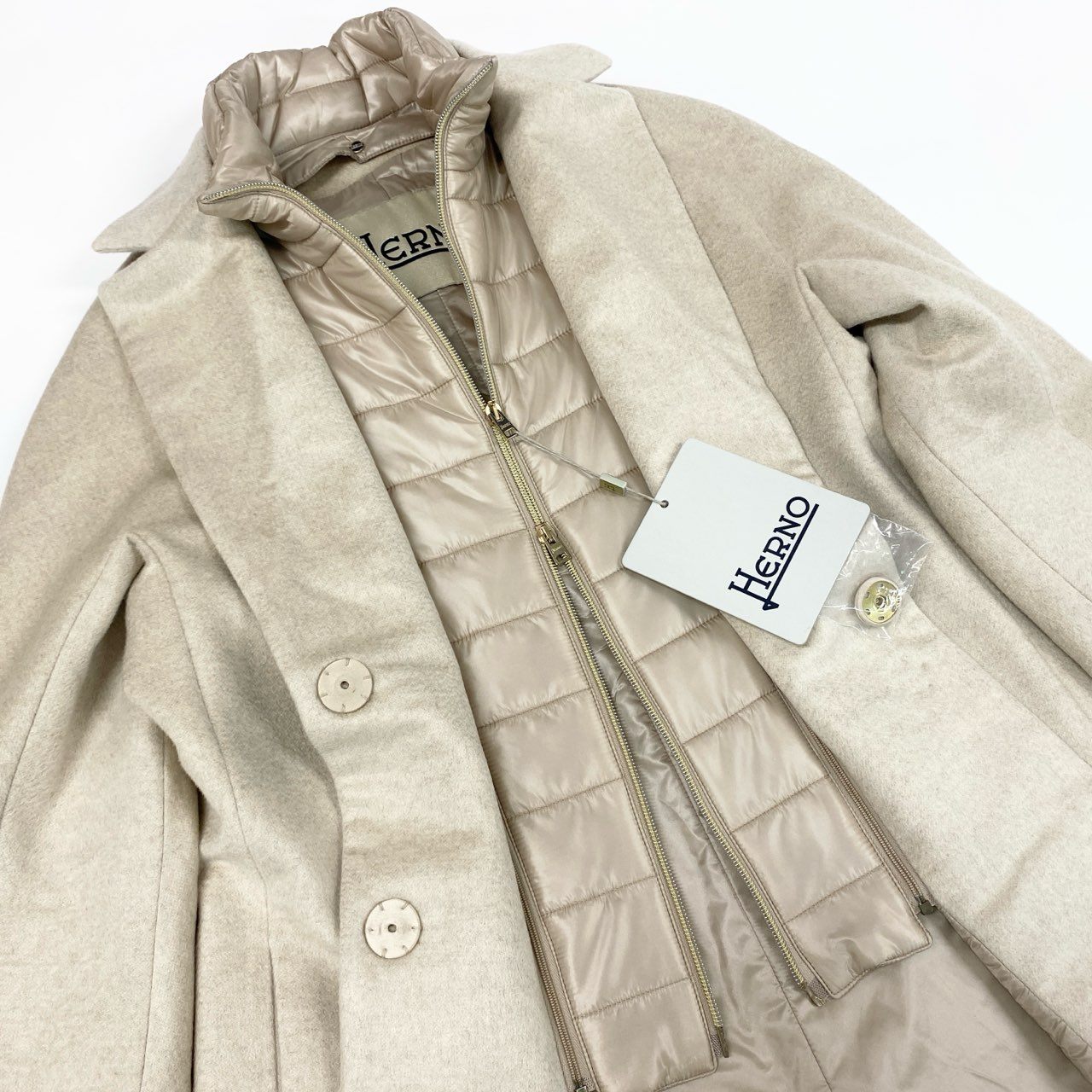 37a19 【未使用】 HERNO ヘルノ ピュアカシミア & ナイロンウルトラライトコート チェスターコート 2way ロング レディース 女性用 サイズ42 ライトベージュu02t
