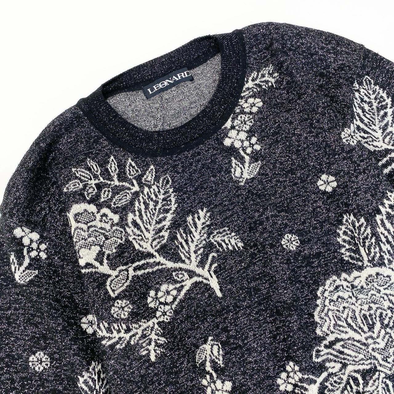 11k21 LEONARD FASHION レオナール ロングスリーブ ニットセーター ラメニット 花柄 クルーネック ウールブレンド  レディース 女性用 Ｍ ブラックu02t
