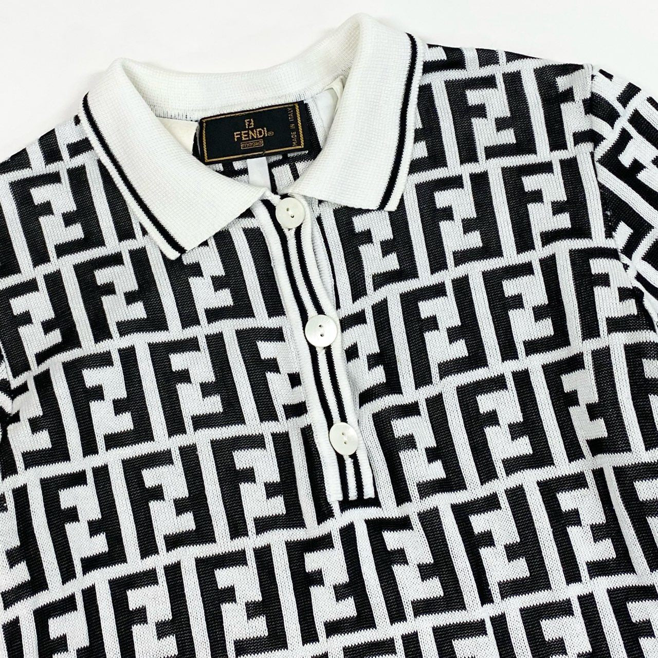 Ac2 FENDI フェンディ ヴィンテージ ニットポロシャツ ズッカ柄 S相当 ホワイト、ブラック レディース トップスk02i