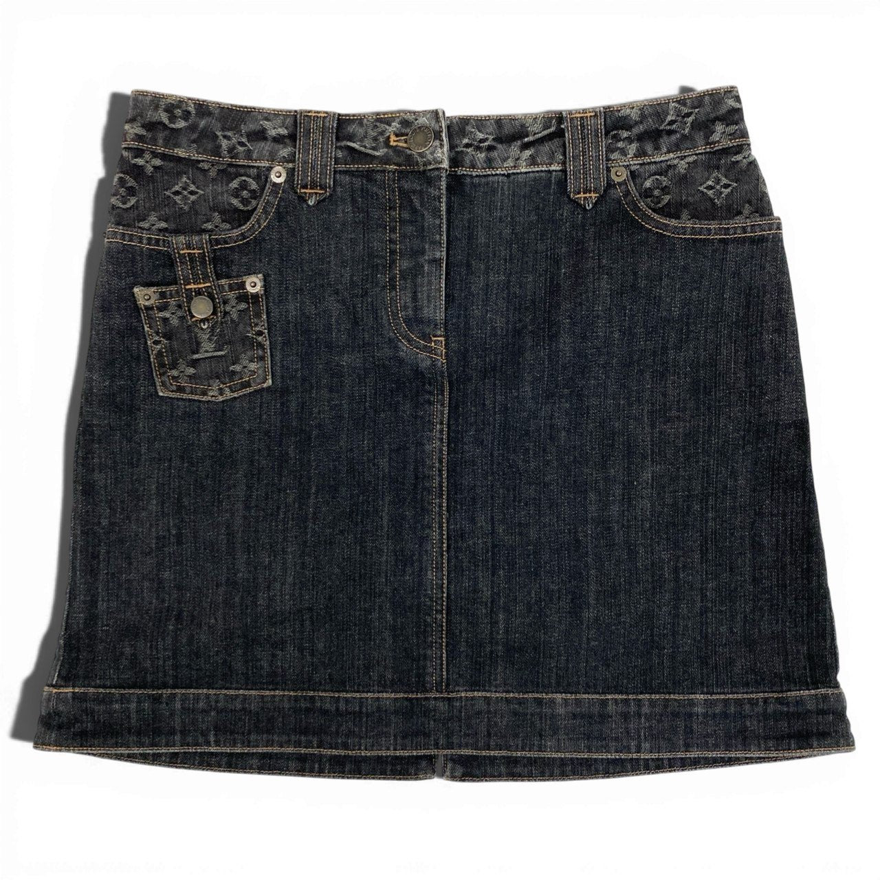 50b7 【美品】LOUIS VUITTON ルイヴィトン モノグラムデニムミニスカート Monogram Denim Mini Skirt 38サイズ ブラック コットン100％ レディース 女性用ta1