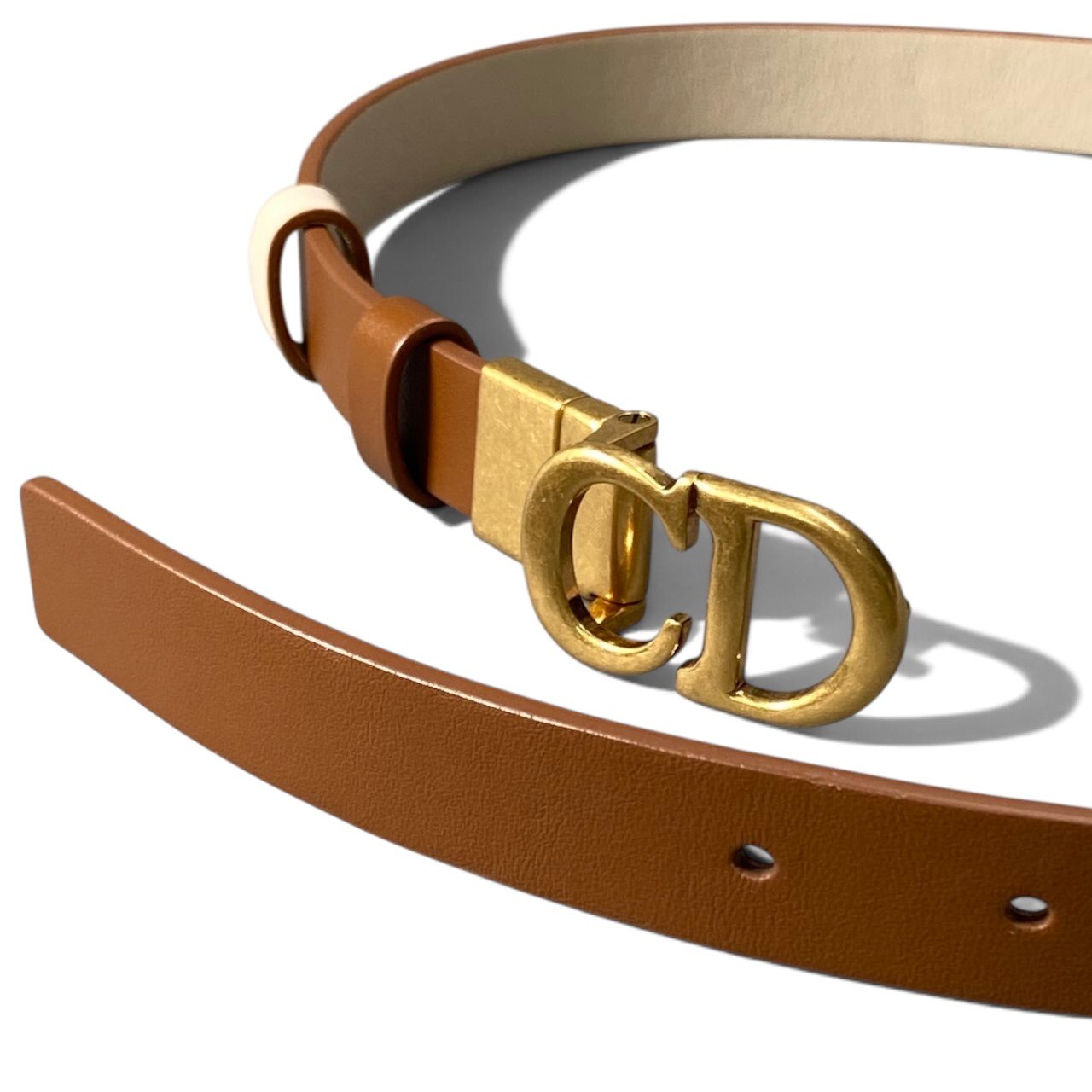 h12【極美品】Christian Dior 現行モデル Saddle リバーシブルベルト 20ｍｍ ブラウン ゴールド スキースカーフスキン レディース 女性用k02i