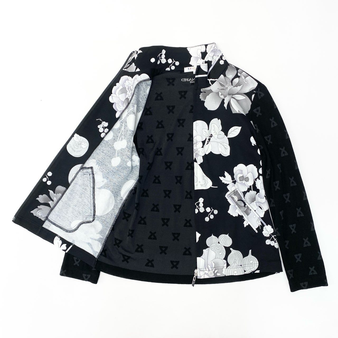 11b6【美品】LEONARD SPORT レオナール スポーツ ハイネックジップアップニットジャケット 美しい花柄プリント 素材切替 0558331 42サイズ モノトーン レディース 女性用u02t