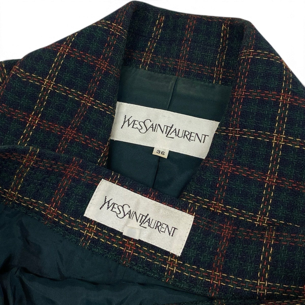 78j6 YVESAINTLAURENT イヴサンローラン セットアップ チェック柄 テーラードジャケット スカート 36サイズ グリーン系 レディース 女性用u02t