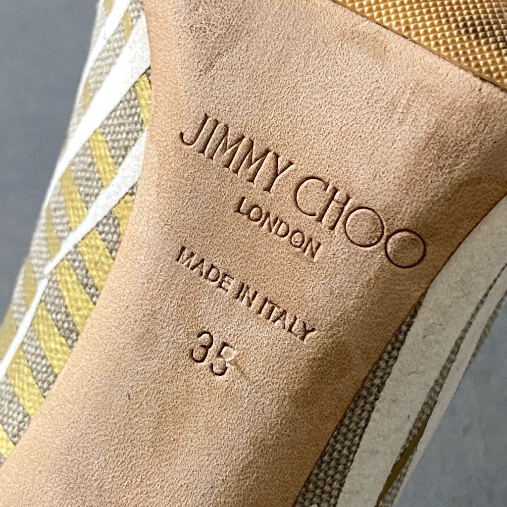 3h2 JIMMY CHOO ジミーチュウ デザインヒールパンプス 35 ホワイト ゴールド グレー キャンバス シューズ イタリア製