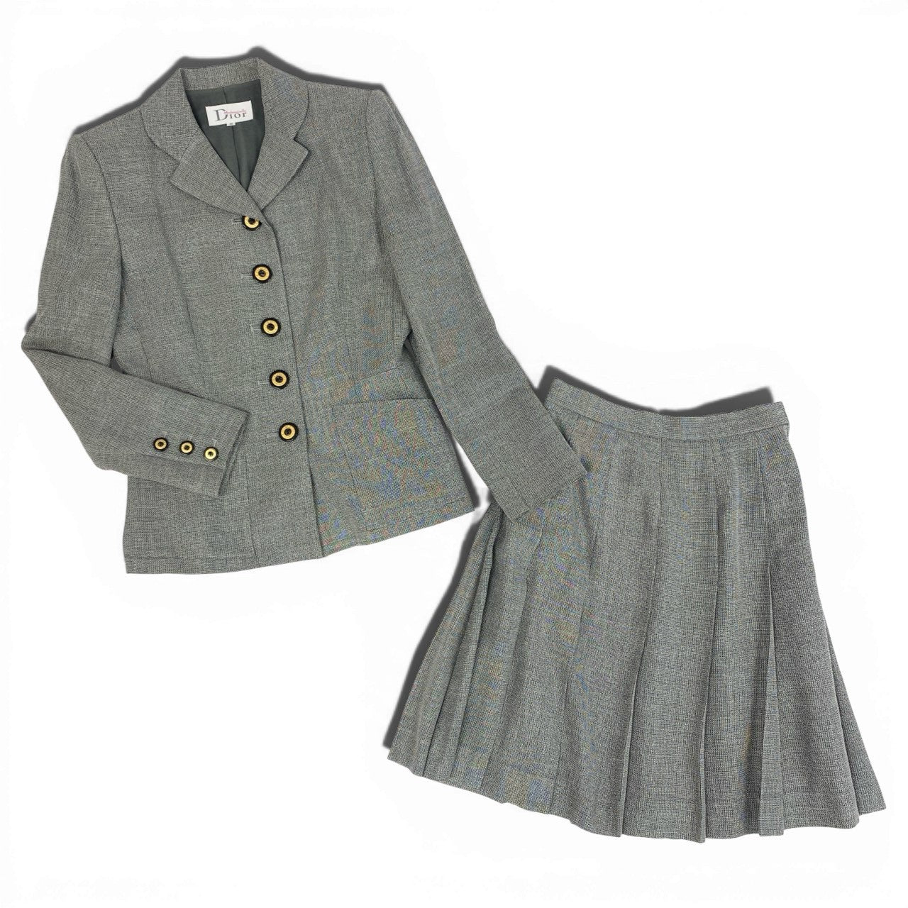 31b12 Mademoiselle Dior マドモアゼルディオール スカートセットアップ テーラードジャケット プリーツスカート Mサイズ グレー レディース 女性用u02t