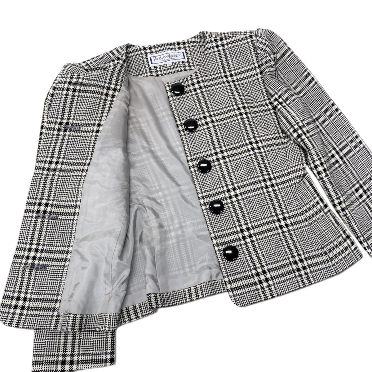 56i16 YVES SAINT LAURENT イヴサンローラン ノーカラージャケット グレンチェック カシミヤブレンド サイズM ブラック ホワイト グレー レディースo07t
