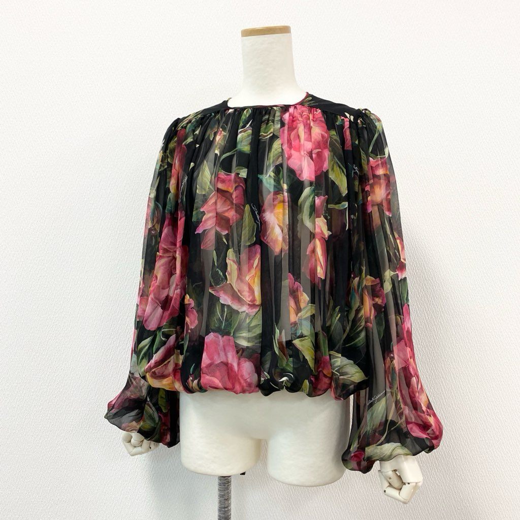4f7 【美品】 DOLCE&GABBANA ドルチェ＆ガッバーナ シルク100％ 花柄シアーブラウス パフスリーブ ローズプリント サイズ36 マルチカラー レディース ブラウス