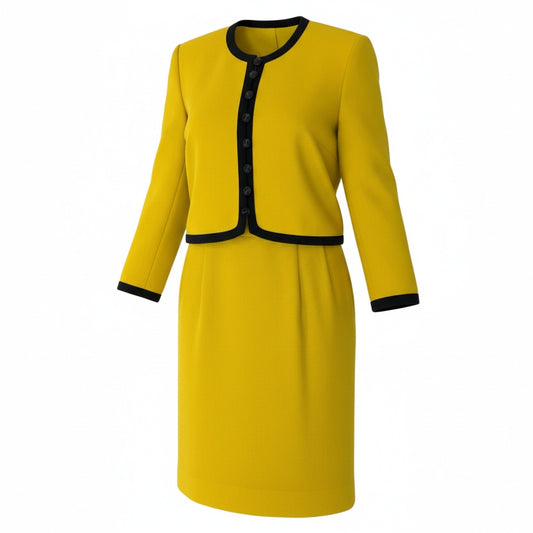 68b7 Vintage Yves Saint Laurent ヴィンテージ イブサンローラン YSL ノーカラー セットアップ スカート ジャケット Trim Cooarless Skirt Suit S イエロー ブラック ウール レディースo07t