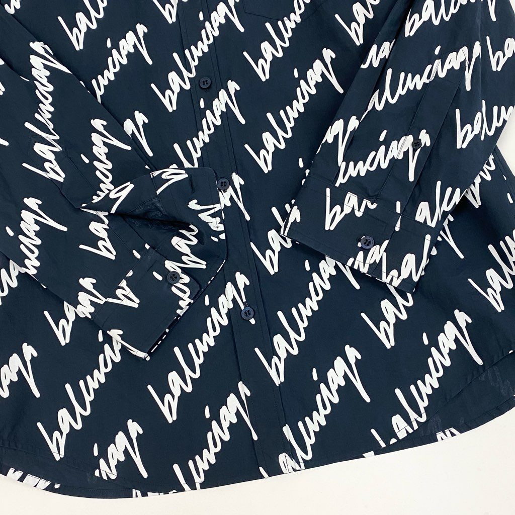 13l27【美品】BALENCIAGA バレンシアガ 長袖シャツ コットンシャツ 総柄 32サイズ ネイビー ホワイト コットン100％ ユニセックスk02i