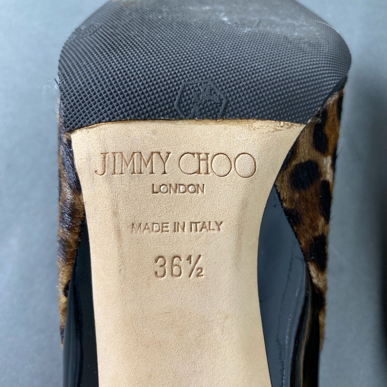 1d4 JIMMY CHOO ジミーチュウ レオパード ハラコ パンプス 36 1/2 ブラック ブラウン パテントレザー シューズ イタリア製 箱有