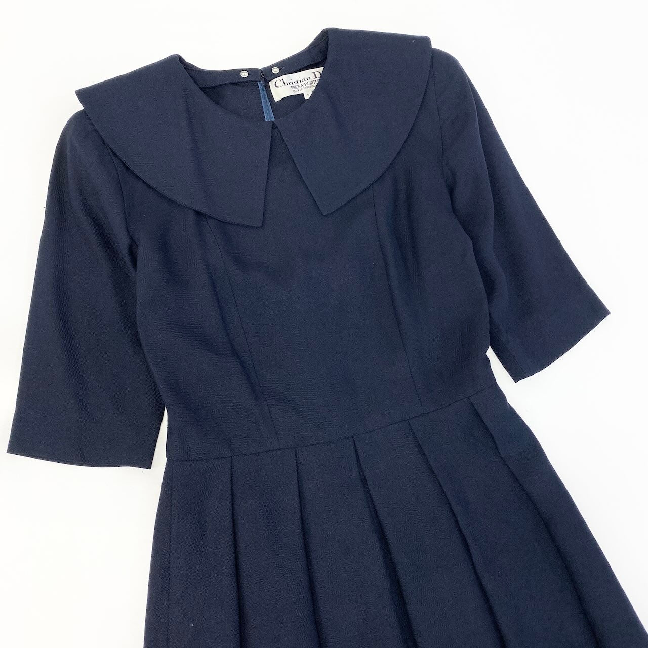 66d27 Christian Dior クリスチャンディオール つけ襟 ロングワンピース 半袖ワンピース 2way 裾レース リネンブレンド サイズ7 ネイビー レディース 女性用u02t