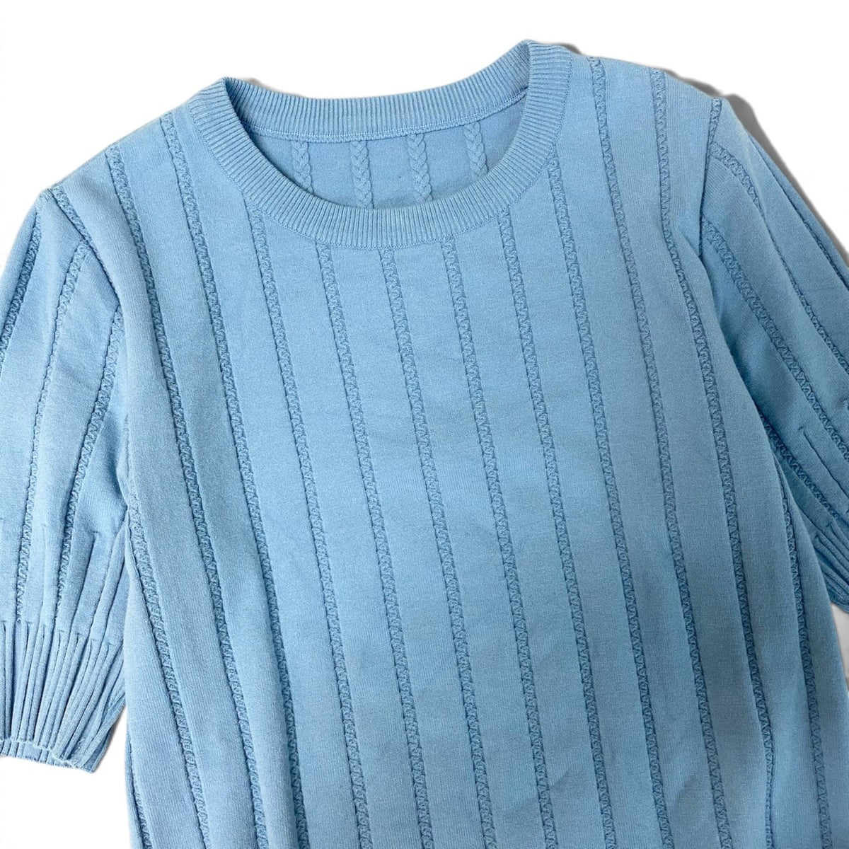 30j27 FOXEY BOUTIQUE フォクシー STRATA 半袖ニット トップス ロゴプレート 41268 サイズ38 ブルー レディースu02t