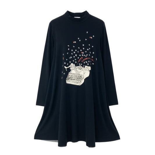 46a30 TOKUKO 1er VOL トクコプルミエヴォル ロングスリーブワンピース モックネック フロントプリント メッシュ切替 ストレッチ○ レディース 9 ブラックu02t