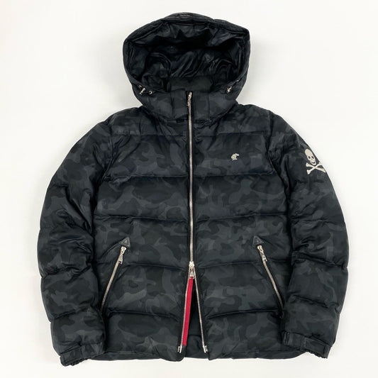 16j20 LOVELESS ラブレス カモフラージュ フーデッド ダウンジャケット S ブラック WHITE GOOSE DOWN ワンポイント刺繍t18r